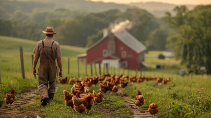 Smiling farmer with chicken, healthy lifestyle and organic farming concept - obrazy, fototapety, plakaty