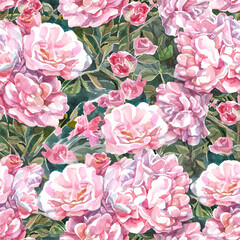 pink roses pattern background with branches watercolor pink roses