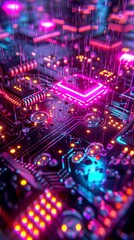 Obraz premium AI, glowing circuits, revolutionizing communication, a digital world of neon signs and holograms, raining, realistic image, spotlight, chromatic aberration