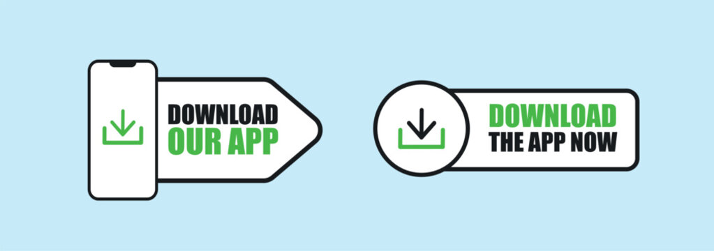 Download our App. Two label, sticker or icons for Download the app now. App promotion or marketing stickers. Mobile Application icons. Mobile phone screen having download button on plain white screen