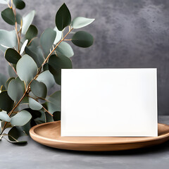 blank greeting card paper invitation mockup front view  standing in modern wooden plate in background  eucalyptus plant.Top view mockup square white blank card sheet of paper with green leave flower