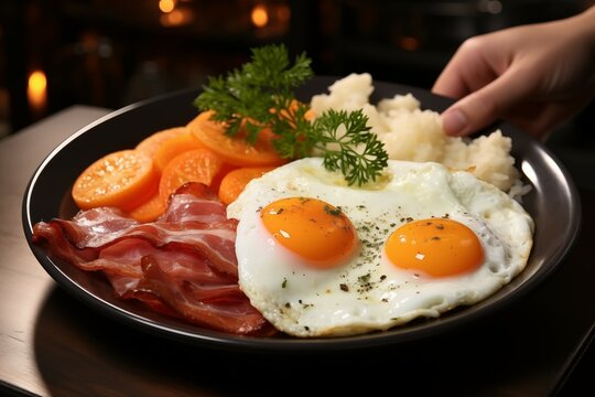 Fried eggs and sausage and becon on a plate in hotel room background for breakfast