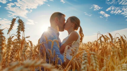 Caucasian couple kissing in the field of wheat on sunny summer day. Wheat field. Sunny day.