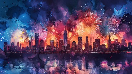 vibrant watercolor of Fourth of July fireworks over the city skyline