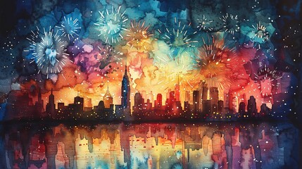 Obraz na płótnie Canvas vibrant watercolor of Fourth of July fireworks over the city skyline 