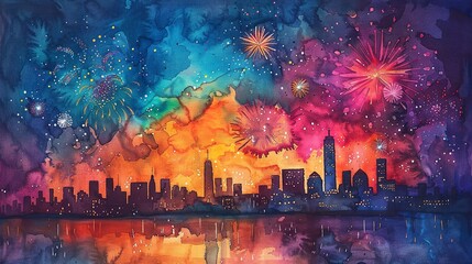 Fototapeta premium vibrant watercolor of Fourth of July fireworks over the city skyline 