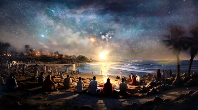 a captivating scene of a beach bonfire surrounded by friends and family, sharing stories and breaking fast during the tranquil Ramadan night. seamless looping time-lapse virtual 4k video animation