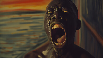 a black face caught in a scream, mouth agape and tongue out revealing front teeth, rendered in dark, horror-inspired hues with hyper-realistic details