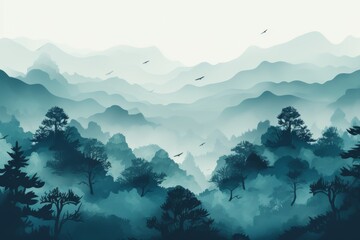 Ethereal hyper realism  british mountain with fog and trees in spectacular panoramic view - obrazy, fototapety, plakaty