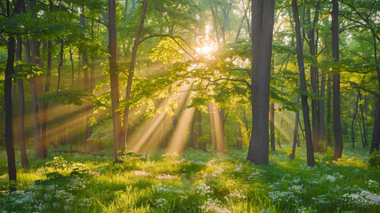 Radiant sunlight streams through a green forest, highlighting wildflowers and trees in a serene morning glow.
