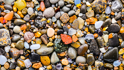 Colorful variety of smooth beach pebbles creating a natural mosaic pattern, perfect for textured backgrounds.