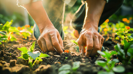 Close-up of hands planting seedlings in the soil, surrounded by lush green plants in a sunlit garden. - obrazy, fototapety, plakaty