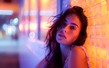 Naklejka premium A young woman with expressive eyes posing against colorful neon lights in an urban night setting.