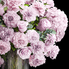  Solemn bouquet of pink flowers vase roses peonies hydrangea isolated on black background