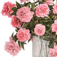  Bouquet of pink peonies flowers in a glass vase isolated on white background
