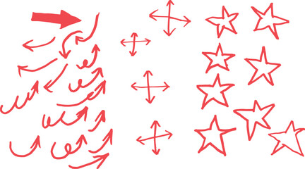 Hand-drawn doodles, black and white sketches, arrows pointing in different directions, swirling lines, simple star shapes, geometric cross symbols, abstract scribbles
