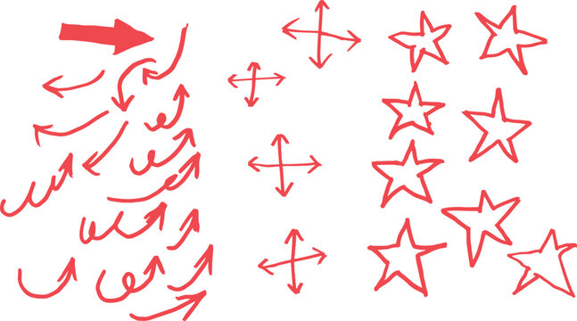 doodle effect set of arrows vector. crayon texture pencil effect. arrow texture stain set. emphasis, star, arrow mark element. Hand drawn stroke, Vector
