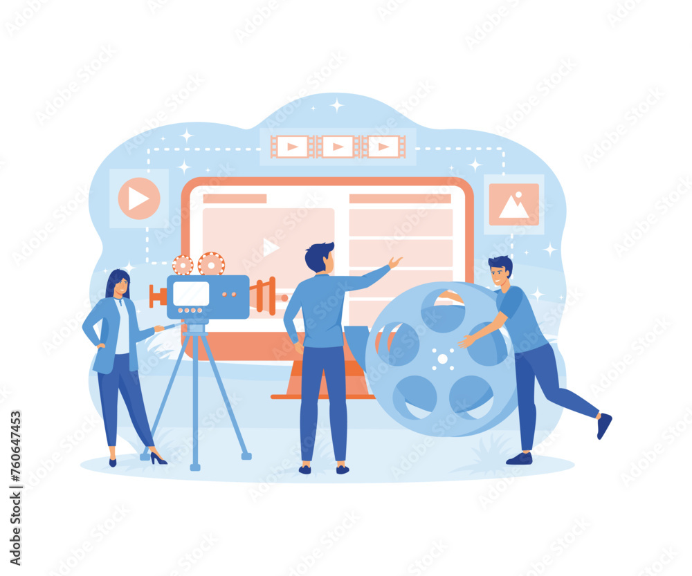 Poster creative professionals team animators, designers creating animated movie. animation and motion graph