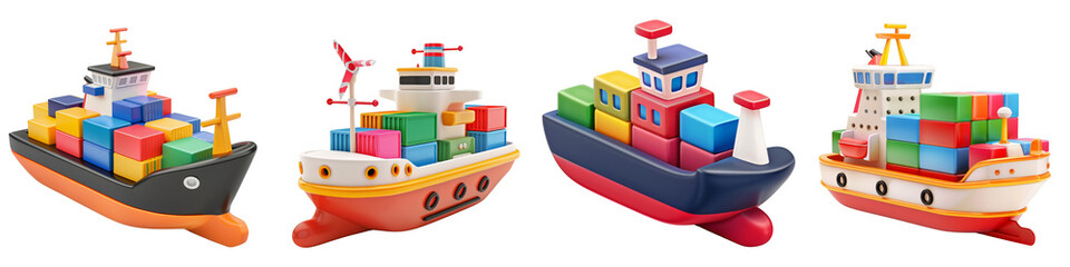 Toy Cargo Ship with Containers clipart collection, symbol, logos, icons isolated on transparent background - obrazy, fototapety, plakaty