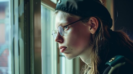 A young girl in uniform, wearing glasses and with pimples on her face, is looking through a window.