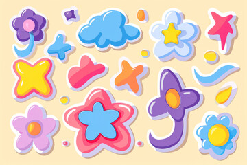 Abstract cloud and flower shapes sticker pack. Groovy funky flower, bubble, star, loop, waves in trendy retro 90s 00s cartoon style.