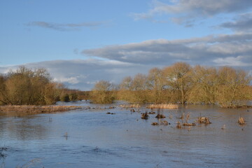 the flooded landscape at Pershore at the beginning of the year 2024