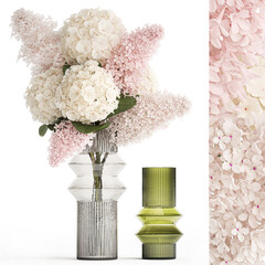 Bouquet of branches in a glass vase hydrangea lilac isolated on white background