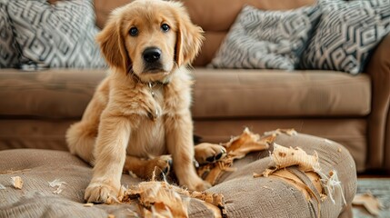 Dog bite chewed sofa armchair wallpaper background - obrazy, fototapety, plakaty
