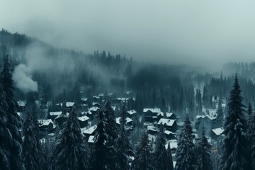 Hyper realistic mountain landscape  ethereal british panorama with fog and trees - obrazy, fototapety, plakaty