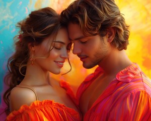 A Colorful Embrace. Two People Clothed in Vibrant Attire, Immersed in a World Painted with Hues of Passion and Serenity