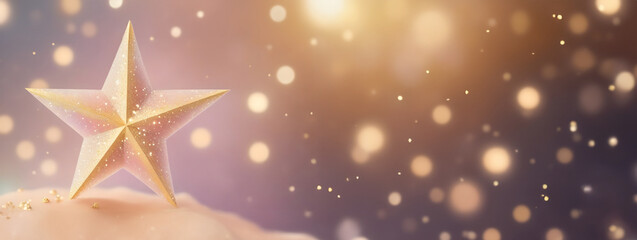 Gold stars glitter light with blurred bokeh. Christmas background. banner copy space