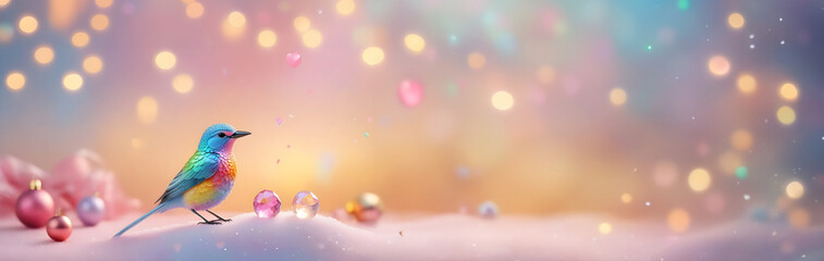 Crystal colourful cute bird with crystal & blurred bokeh valentine christmas background. banner...
