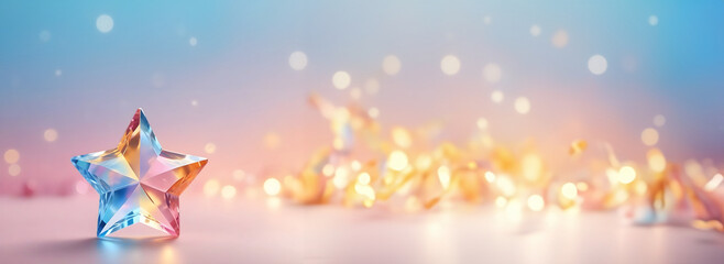 Crystal clear colourful star with blurred bokeh valentine background. banner pastel color with copy...