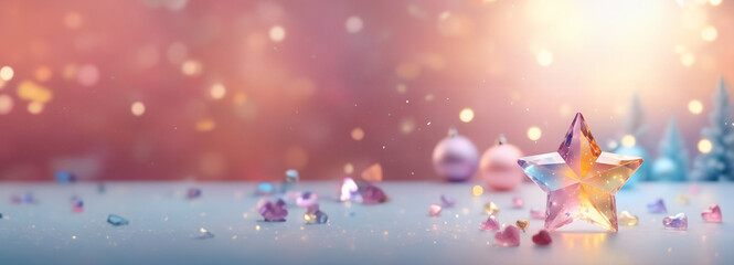 Obraz na płótnie Canvas Crystal clear colourful star with blurred bokeh valentine background. banner pastel color with copy space