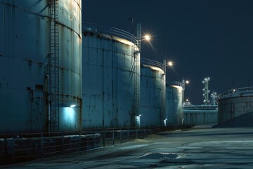 Industrial Fuel Tanks in Chemical Depot. Architecture of Flammable Gas Containers for Diesel Industry - obrazy, fototapety, plakaty