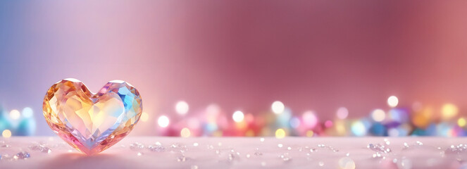 Crystal clear colourful heart with blurred bokeh valentine background. banner pastel color with...