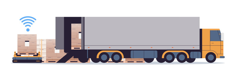 Robot forklift loading pallet boxes in truck. Smart loader warehouse illustration