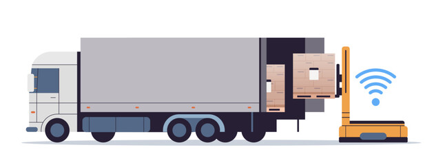 Robot loader and transportation truck on isolated background. Autonomous logistic business illustration