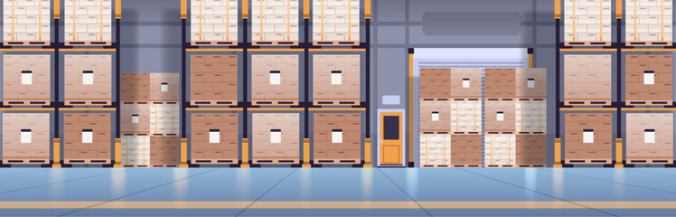 Horizontal warehouse interior banner. No people logistic hangar flat vector illustration