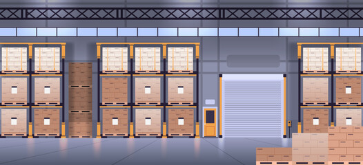 Big modern warehouse interior with shelves and pallet boxes. Cargo storage flat vector illustration