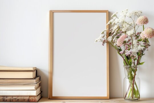 Minimalist White Wood Vertical Frame Mockup for Art and Quotes on Wall. Vintage Stack of Books and Flowers as Props