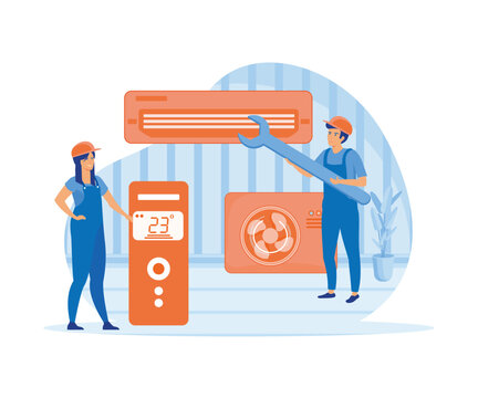 Professional service for repair of air conditioners. Maintenance, installation of cooling systems. Warranty repair and cleaning, replacement of filters. flat vector modern illustration