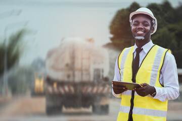 African civil engineering working with use tablet for control the road rebuilding and inspect the...