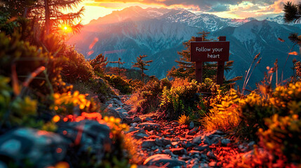 Follow your heart sign. Motivational words text inscription on a beautiful nature sunrise calm...