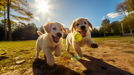 Two golden retriever puppy with tennis ball