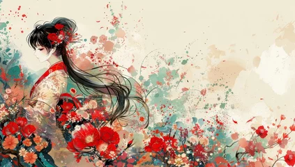 Photo sur Plexiglas Papillons en grunge A beautiful anime girl in a kimono against colorful floral patterns