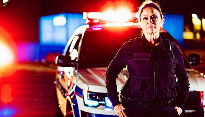 photo of middle aged police officer law enforcement standing in front of police car at night with back light, generative AI