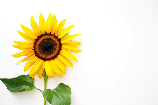 Blossoming sunflower with yellow petals on white background. Sun symbol positioned on stem with leaves presents vivid and simple image.