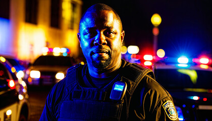 Fototapeta premium photo of middle aged police officer law enforcement standing in front of police car at night with back light, generative AI