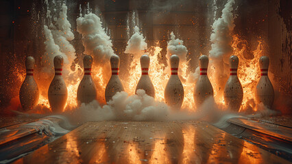 Flaming Strikes: Bowling Pins Amidst Fire and Smoke